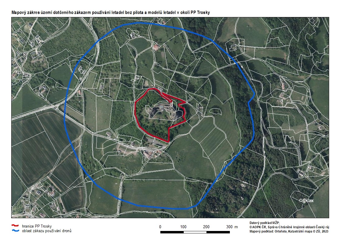 Mapa území dotčeného zákazem létání s drony v okolí přírodní památky Trosky.